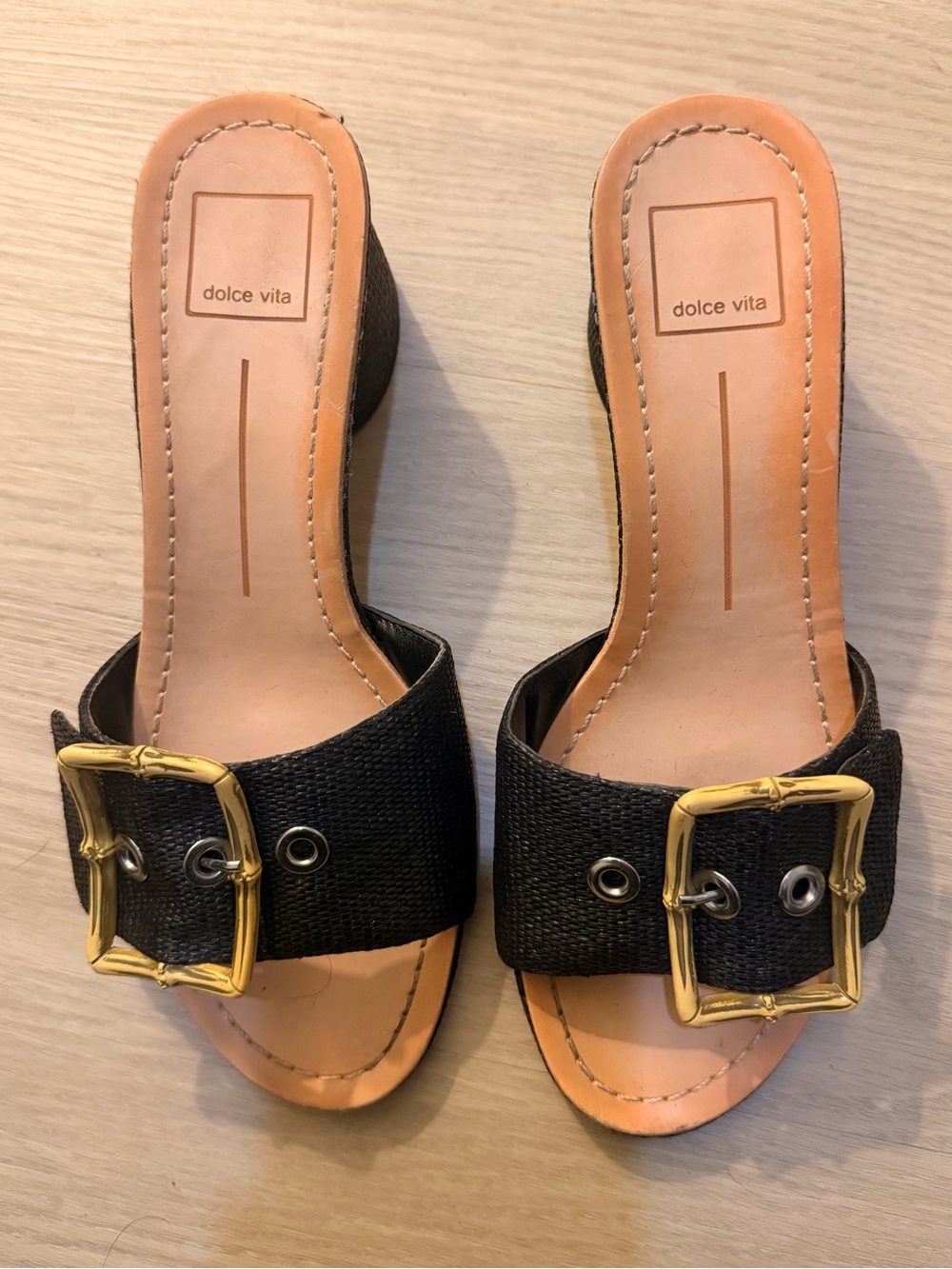Dolce Vita Black Slide Mules with Gold Buckle